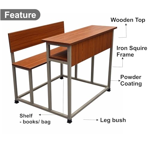 Image of ALKOSIGN Dual Student Bench with Shelf - Prelam Particle Board Natural Teak Top with Beige Powder Coating 100 CM | for Classes 7th to Collage | for School Classroom, Tuitions etc