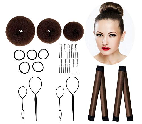 Hair Bun Maker for Hair, Brown, Make Easy Buns, 3 Hair Donuts + 2 Snap Bun Makers + 4 Topsy Tail Hair Tool + 5 Hair Tie Elastic Bands + 10 Bobby Pins