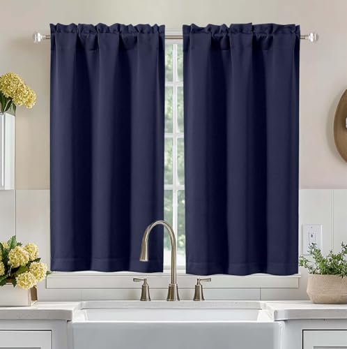 Image of Aiyufeng Navy Blue Short Blackout Curtains for Bedroom 45 Inches Long 2 Panels Set, Solid Thermal Insulated, Energy Saving Window Treatment Curtains Blackout Drapes, W40 x L45 Inch, Navy Blue