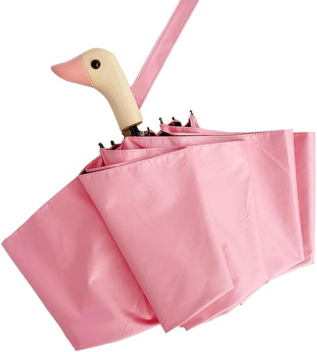 Truely Cute Duck Head Wooden Handle Folding Umbrella 3 Folding Semi-Automatic Sun and Rain Umbrella