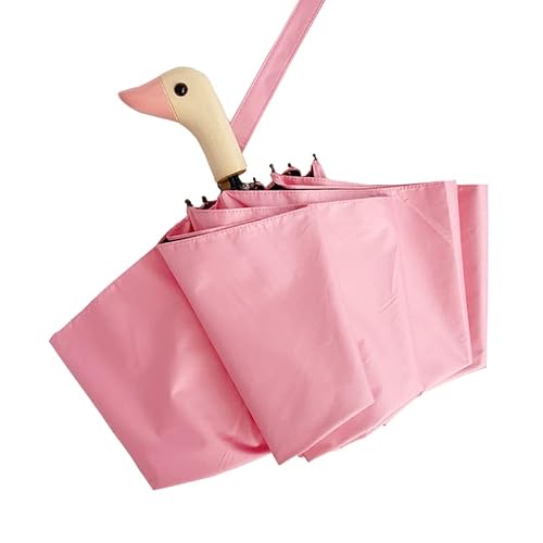Cute Duck Head Wooden Handle Folding Umbrella 2 Folding Manual /3 Folding Semi-Automatic Sun and Rain Umbrella (Pink-No Black Glue, 3 Folding), Pink-no Black Glue, 3 Folding