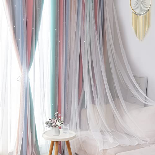 Weltop Christmas Kids Curtains Blackout Star Cutout Double Layer Drapes Light Blocking Window Treatment With Grommet Top Free Tie-Backs For Bedroom Living Room, Lime/Pink, 52 W X 72 L, Set Of 2 #TOP6