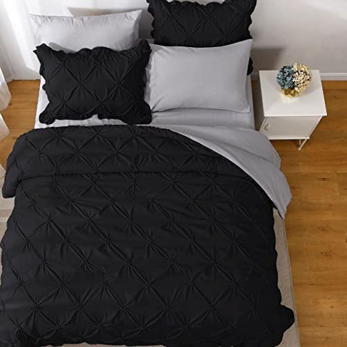 Jollyvogue Pintuck King Size Comforter Sets 8 Pieces, Black Bed In A Bag Comforter Set For Bedroom, Beddding Sets With Comforter, Sheets, Bed Skirt, Ruffled Shams & Pillowcases #TOP2