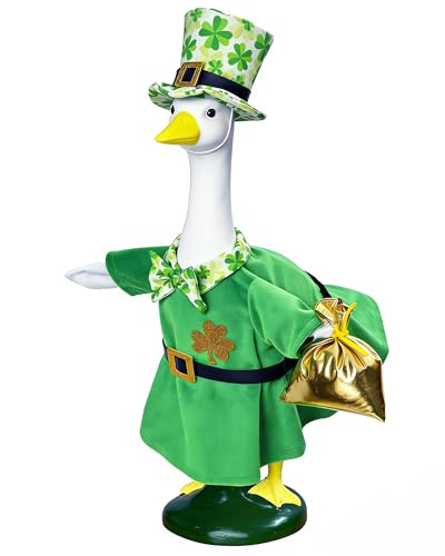 Hikkcos St. Patricks Day Goose Outfit Irish Porch Goose Clothes Fits 23 Green Clover Goose Statue for St. Patricks Day Decorations Plastic Geese Statue Spring Outdoor Garden Lawn Yard