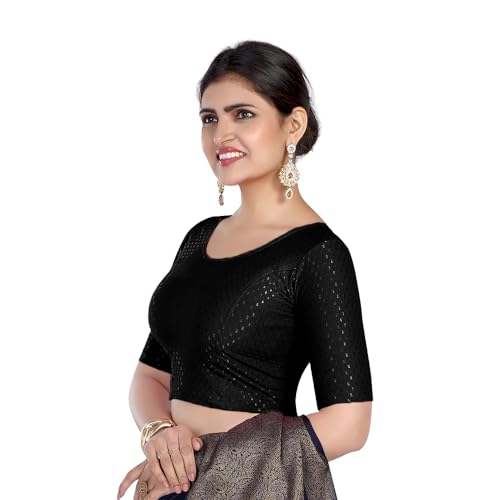 Image of FINESTFIT Round Neck Stretchable Elbow Sleeve Readymade Saree Blouse for Women, 100% Cotton Dobby Fabric