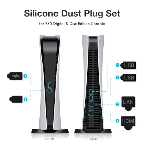 GRAUGEAR PS5 Dust Protector Cover Kit for PS5 Dust Catcher Fan Dust Filter Silicone Dust Plug Set Breathable Ventilation Dust Cover Dust Plug Dust Intrusion USB Cap Controller Cap Compatible with PS5