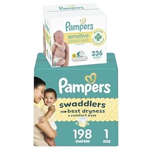 Pampers Swaddlers Disposable Baby Diapers Size 1, 198 Count with Sensitive Water Based Baby Wipes 4X Pop-Top Packs (336 Count)