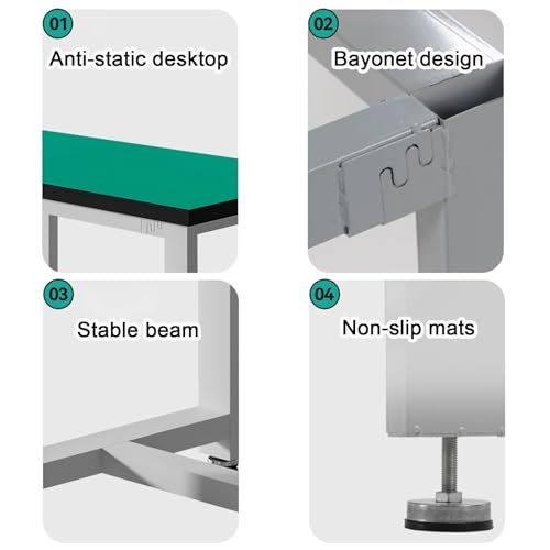 Banco da lavoro resistente, telaio in acciaio laminato a freddo, capacità di carico 500 kg, tavolo da lavoro in piedi con piano di lavoro antistatico, per garage, officina, magazzino, laboratorio