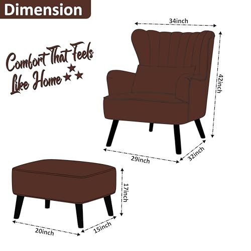 Image of Modern Velvet Wingback Accent Chair with Ottoman & Cushion for Living Room | Premium Upholstered Lounge Chair with Footrest |Brown