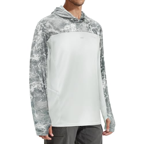 LOOGU Sun Hoodie UPF 50+ Shirts Long Sleeve Rash Guard Sun Shirts for Men Fishing Hiking Surfing Swimming Fishing Wave Blue With Gray Small