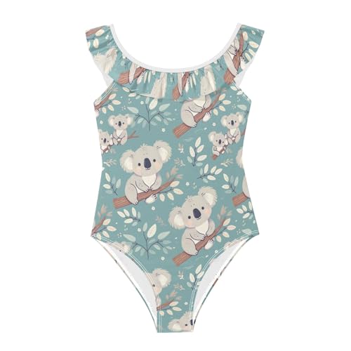 Traje de baño de una pieza para niñas con volantes y dibujo de koala infantil