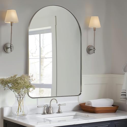 Image of ANDY STAR Arched Wall Mirror, 24 x 38 Inch Brushed Nickle Bathroom Mirror in Stainless Steel Metal Frame, Arch Top Rounded Corner 1 Inch Deep Set Design Wall Mount Hangs Vertical