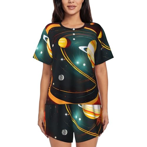 Pyjama court imprimé système solaire pour femme avec haut col rond et short doux