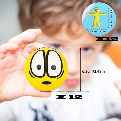 WAIZHIUA 12Pcs Stress Ball 6.3cm Novelty Emoticons Squeeze Balls Stress Relief Balls Finger Exercise Balls Toys with 12pcs Stretchy Rubber Figures for Teens Adults Party Favour Party Bag Fillers