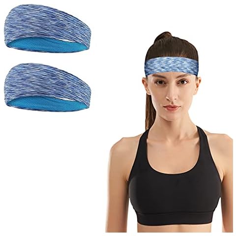 Sports Headbands for Women & Men - 2 Pcs, Elastic Headwear, Non Slip Bandana, Wide Sweatband for Running Yoga Gym Walking Cycling Workout Exercise (Blue) Cover