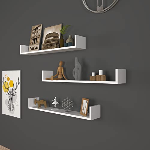 [en.casa] Set de 3 Étagères Murales pour Entrée Salon Cuisine Meuble de Rangement Multi-Usages Capacité 3 x 10 kg Panneau de Particules 12 x 90 x 15 cm Blanc