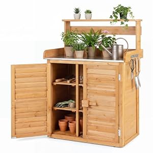 COSTWAY Pflanztisch Holz, wetterfester Gärtnertisch mit Unterschrank