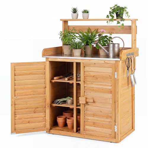 COSTWAY Armadietto da Esterno in Legno a 2 Livelli con Piano di Lavoro in Metallo Zincato, 3 Ganci Appendiabiti, Ripiani Rimovibili e Ante a Doghe, per Giardino, Balcone e Cortile (Legno)