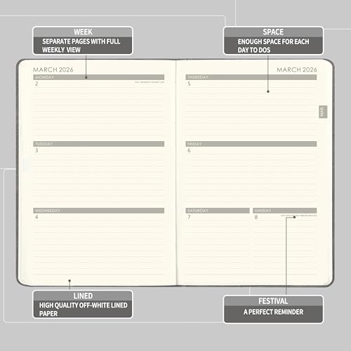 Planner 2026 - Weekly & Monthly 2026 Planner with Pen Loop, Jan 2026 - Dec 2026, to Achieve Your Goals & Improve Productivity, Thick Paper, 40 Note Pages, Inner Pocket, 5.75" x 8.25" - Grey - Thumbnail 4