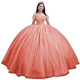 Youjiayi Puffy Coral Quinceanera Dress Ball Gown with Train Off Shoulder Tulle Sweet 16 Dresses Lovely Sweetheart Beading Birthday Gowns Size 4