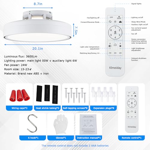 Klmeiday Ceiling Fans with Lights and Remote, Flush Mount Modern Bladeless Ceiling Fan with Light, 6 Speeds, Stepless dimming and CCT 3000K-6000K LED Lights for Bedroom, Study Room (White, 20.1″) by Klmeiday - Used condition - Image 7