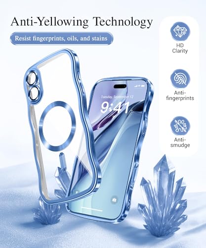 GVIEWIN Etui do iPhone 17 6,3" 2025,[Kompatybilne z MagSafe][Pełna ochrona aparatu][Nieżółknące] Galwanizowane faliste odporne na wstrząsy magnetyczne smukłe etui na telefon,Przezroczysty/Niebieski