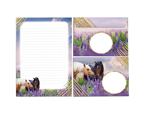 Briefpapier-Set Briefblock mit Umschlag für Mädchen Kinder Pferde Kindermotiv Briefbögenblock liniert (Block A5 mit 25 Blätter + 15 Umschläge)