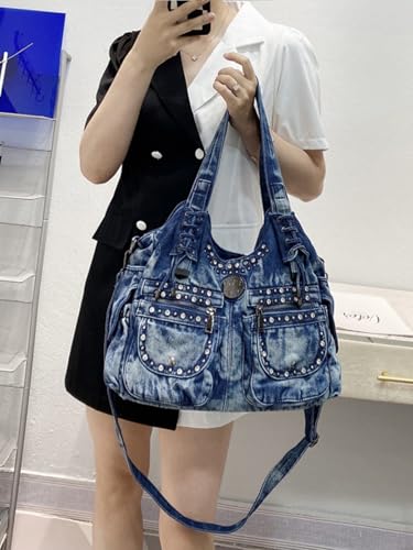 Image of Designer Denim Handbags for Women Hobo Tote Bag Crossbody Denim Purses Blue Jean Shoulder Bag