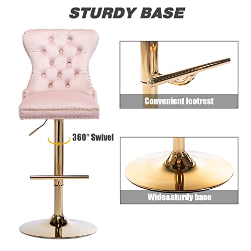 Kmax Tufted Bar Stool Velvet Pink Counter Stool Swivel Kitchen Stool With Ring Pull Height Adjustable Golden Base Footrest For Home Kitchen Bar Club,1Pc #TOP4