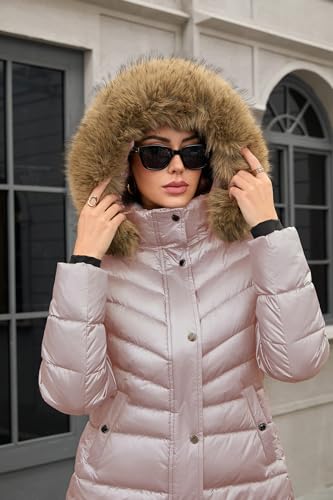 PAPILLON D'OR Women's Shiny Puffer Coat with Detachable Faux Fur Collar & Hood Winter Jacket with Button Pockets Ribbed Cuffs (US, Alpha, Small, Regular, Regular, Light-Pink) - Image 5