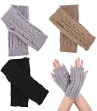 3 Paar Halb Fingerlose Handschuhe Winter,Winter-Armwärmer,Damen Pulswärmer Winter Strickhandschuhe Warm Kurzer Halb, Pulswärmer Strickhandschuhe Weihnachten/Geburtstagsgeschenk(Schwarz/Grau/Khaki)