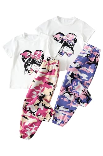Image of Girls 4 Pieces Outfits Short Sleeve Printed Tee Tops and Pants Set 4-12Y