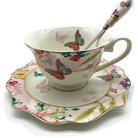 Krysclove Vintage Ceramic Teacup, Elegant Coffee Cup with Spoon and Saucer Set, Royal Bone China Tea Cups (Pink) Cover