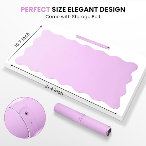 Image of PU Leather Desk Pad, Scalloped Non-Slip Mouse Pad & Large Desk Mat Cover Stitched Edges Writing Pad for Office, Home - Waterproof, Easy to Clean, Durable Surface I 31.4 inchx15.7 inch, Bonbon Pink
