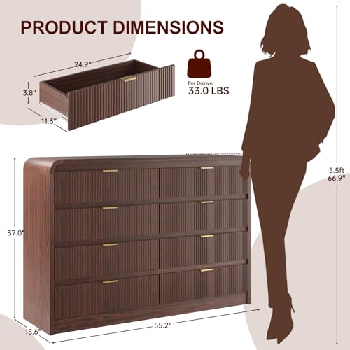 FURSUN Fluted 8 Drawers Dresser for Bedroom, 55" Wide Wooden Dresser with Metal Handle, Curved Profile Design, Modern Storage Organizer for Living Room, Hallway (Walnut)