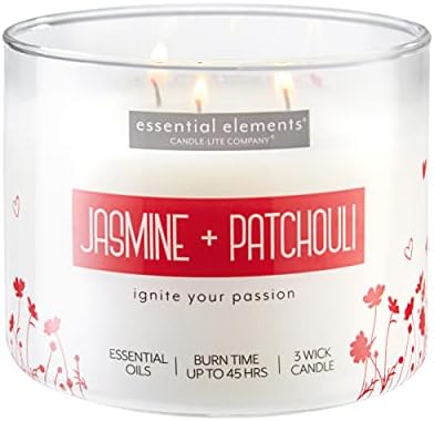 Essential Elements by Candle-lite Scented Candles, Jasmine & Patchouli Fragrance, One 14.75 oz. Three-Wick Aromatherapy Candle with 45 Hours of Burn Time, Off-White Color