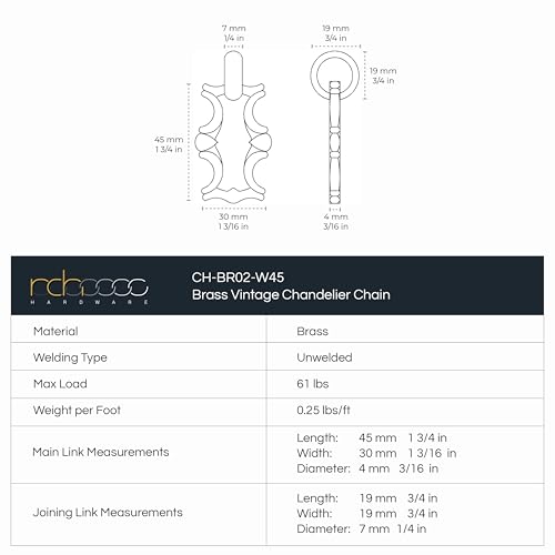 Image of RCH Hardware CH-02-AB-3 Decorative Antique Solid Brass Chain for Hanging, Lighting - Motif Welded Links (3 ft /1 Yard)