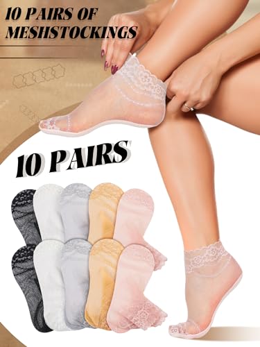 Image of 10 Pairs Womens Lace Ankle Socks Non Slip Low Cut and No Show Lace Socks Sets for Loafers Flats