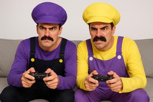 HENBRANDT Adult Men’s Purple Bad Plumber Fancy Dress Costume XL Retro 1980s Videogame Purple + Black Overalls Moustache Brothers Workman Dress Up Outfit One Size Extra Large Mens Fancy Dress Costume - Image 2