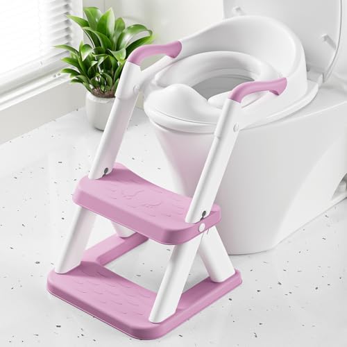 Rabb 1st Potty Training Toilet Seat with Steps, 2-in-1 Toddler Toilet Seat for Boys Girls with Splash Guard Soft Anti-Slip Pad,Bright Purple