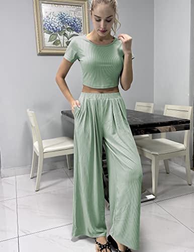 Ekouaer Sweatsuits For Women Set 2 Piece Pajama Sets Short Sleeve Lounge Sets Soft Sleepwear Knit Pjs Set,Light Green,S #TOP3