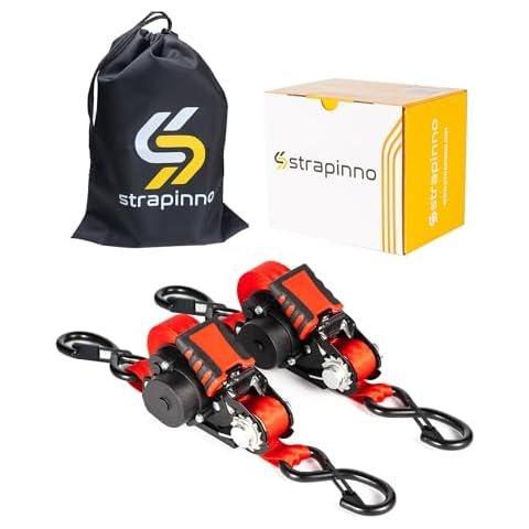 Strapinno Retractable Ratchet Straps - 1 in x 12 ft Heavy Duty Tie Downs, 1800lbs Breaking Strength Each, S Hooks with Safety Clip, AutoRetract, for Moving, Motorcycle, Boat, Kayak, and Cargo (2) Cover