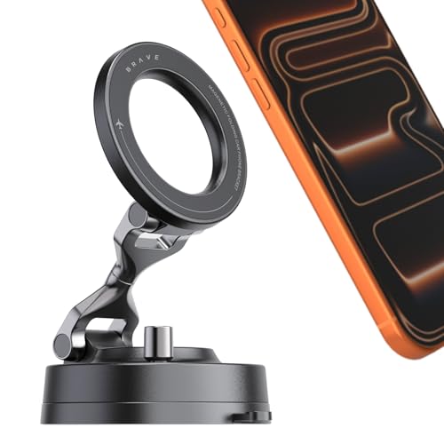 BRAVE Magnetic Vacuum Suction Car Mount | MagSafe Compatible Dashboard & Screen Phone Holder | Premium Zinc Alloy Foldable Stand with N55 Magnets & 360° Rotation - Black (BHL-56)