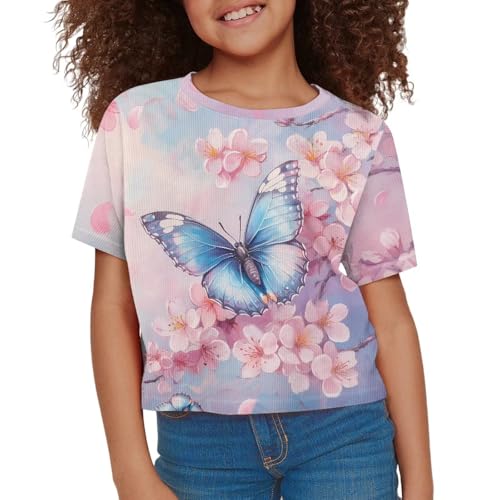 Image of Girls Crop Tops Cute Short Sleeve Shirts Fashion Tees for Kids Casual Crewneck Blouses Size 8-16 Years