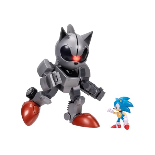 Sonic The Hedgehog Set Mecha Sonic 20 cm con Figura Sonic 6 cm, de Jakks Pacific – 16 articulaciones, Ruedas, Mochila con luz, Ojos Brillantes y Pilas Incluidas
