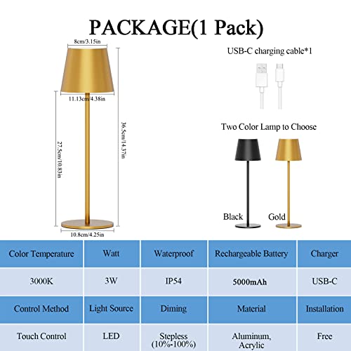 Ralbay 1 Pack Gold Led Cordless Table Lamp, 5000Mah Rechargeable Battery Lamp, Stepless Brightness Gold Dining Table Lamps, Ip54 Waterproof Battery Powered Lamps Outdoor Cordless Table Lamps #TOP3