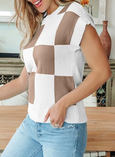 Image of EVALESS Short Sleeve Sweater for Women Crewneck Color Block Knit Tops 2026 Summer Trendy Cap Sleeve Sweater Vest