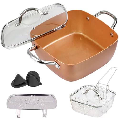 Feipone Non Stick Deep Frying Pan with Lid, 9.5” Copper Square Pan for Cooking, 6 Piece Saute Pan Set with Fry Basket, Steamer Rack, Oven Grips, Dishwasher & Oven Safe, 5 Quart Chef Cookware