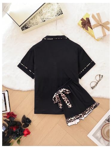 Verdusa Women's 2 Piece Leopard Print Bow Pjs Pajama Sets Button Down Lightweight Summer Pajamas Ruffle Shorts Lounge Set2