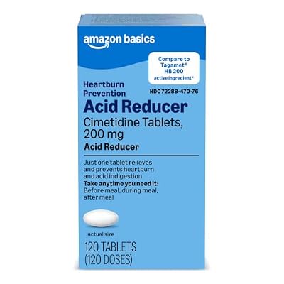 Amazon Basic Care Cimetidine Coated Tablets 200 mg, Acid Reducer, Heartburn Medicine, Acid Indigestion Relief, 120 Count